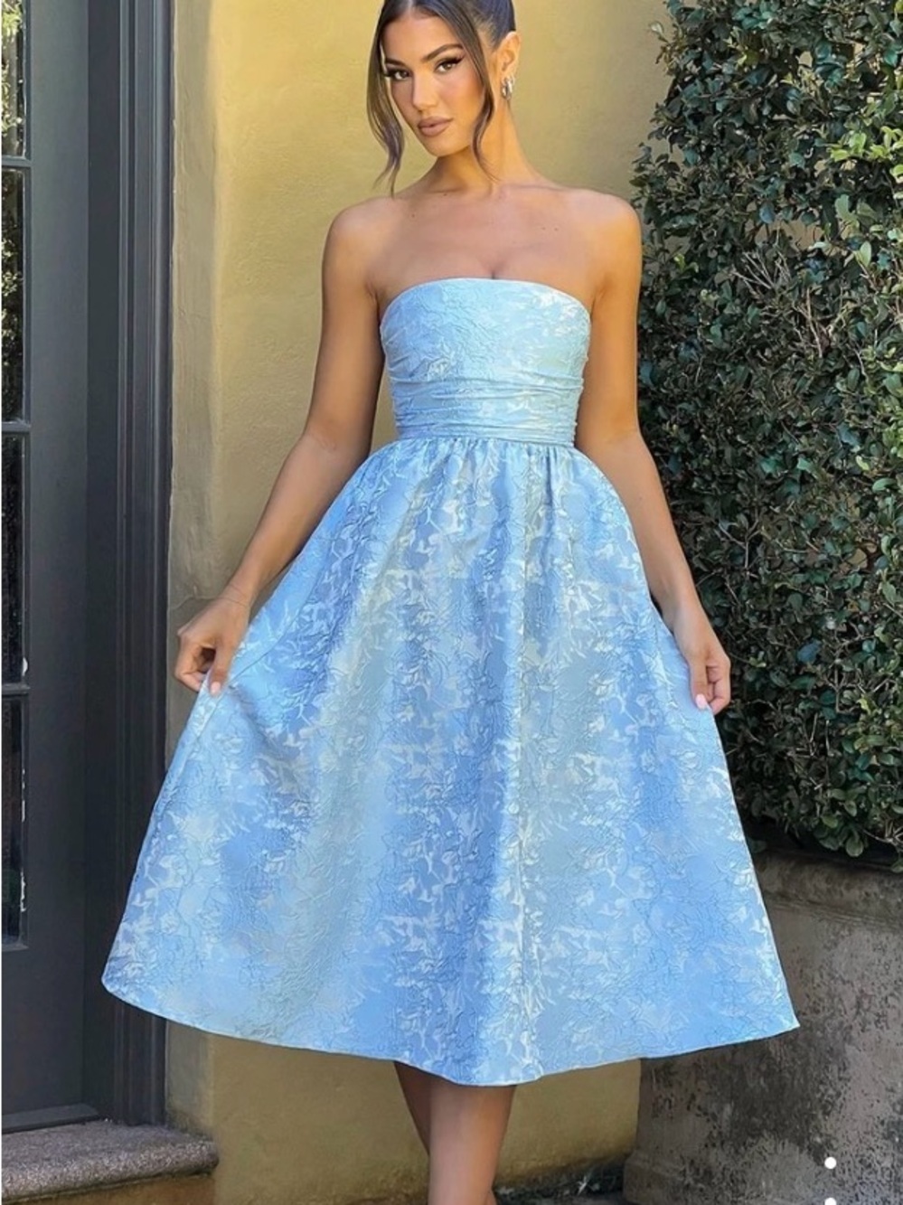 Strapless Light Blue Jacquard A-Line Dress